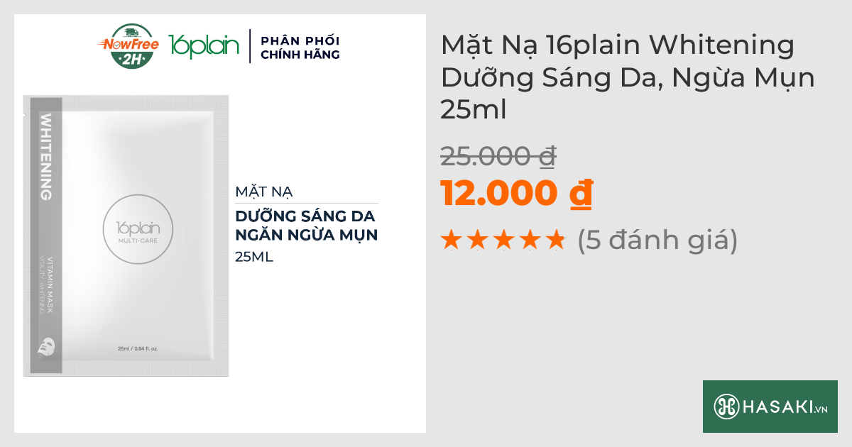 Mặt Nạ 16plain Whitening Dưỡng Sáng Da, Ngừa Mụn 25ml