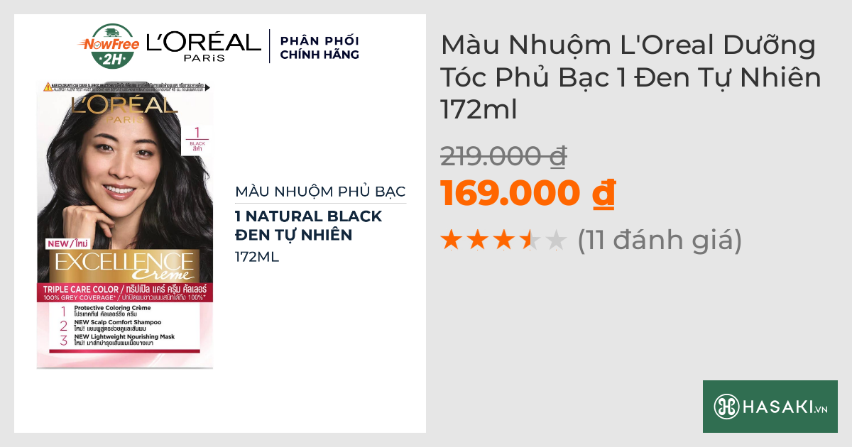 Màu Nhuộm L'Oreal Dưỡng Tóc Phủ Bạc 1 Đen Tự Nhiên 172ml