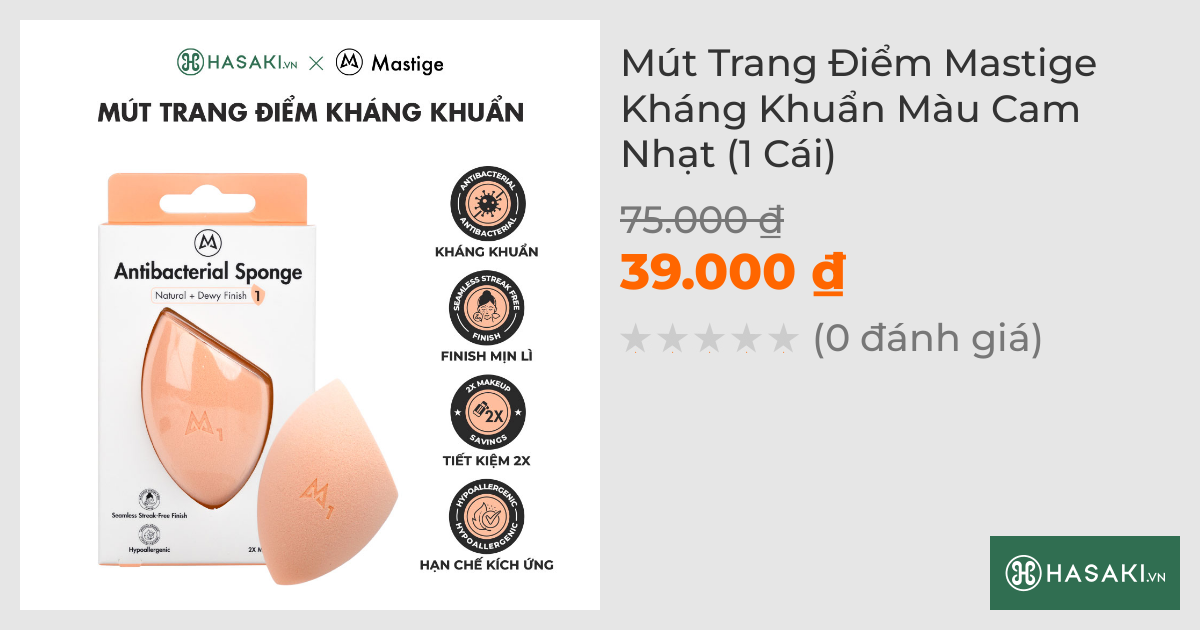 Mút Trang Điểm Mastige Kháng Khuẩn Màu Cam Nhạt (1 Cái)