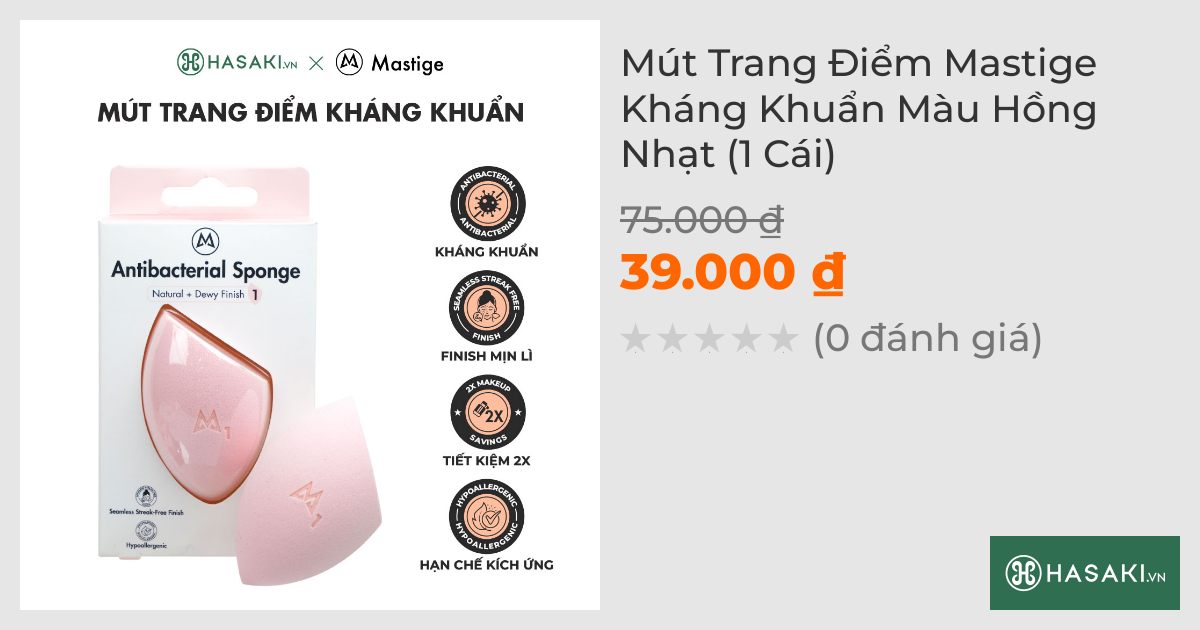 Mút Trang Điểm Mastige Kháng Khuẩn Màu Hồng Nhạt (1 Cái)