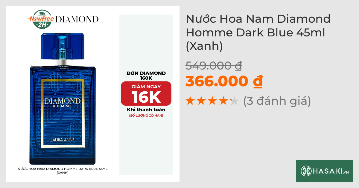 Nước Hoa Nam Laura Anne Diamond Homme Dark Blue 45ml (Xanh)