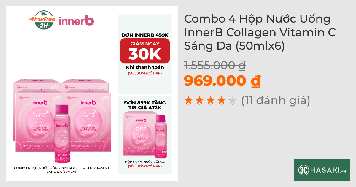 Combo 4 Hộp Nước Uống InnerB Collagen Vitamin C Sáng Da (50mlx6)