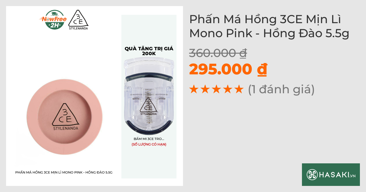 Phấn Má Hồng 3CE Mịn Lì Mono Pink - Hồng Đào 5.5g