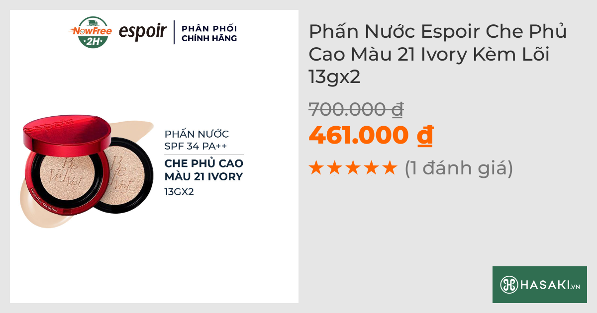 Phấn Nước Espoir Che Phủ Cao Màu 21 Ivory Kèm Lõi 13gx2