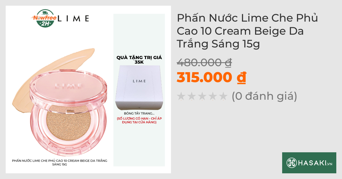 Phấn Nước Lime Che Phủ Cao 10 Cream Beige Da Trắng Sáng 15g