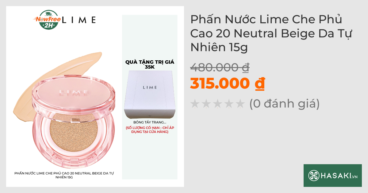 Phấn Nước Lime Che Phủ Cao 20 Neutral Beige Da Tự Nhiên 15g