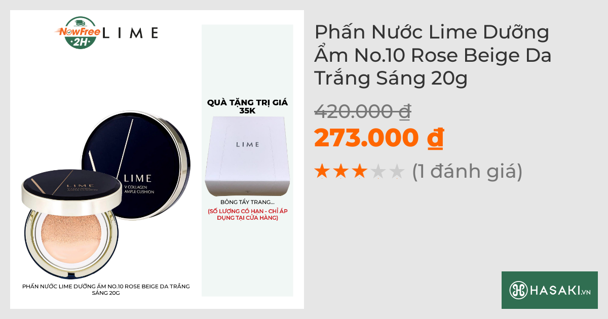 Phấn Nước Lime Dưỡng Ẩm No.10 Rose Beige Da Trắng Sáng 20g