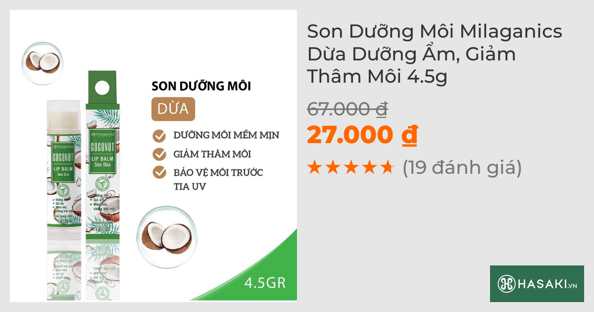 Son Dưỡng Môi Milaganics Dừa Dưỡng Ẩm, Giảm Thâm Môi 4.5g