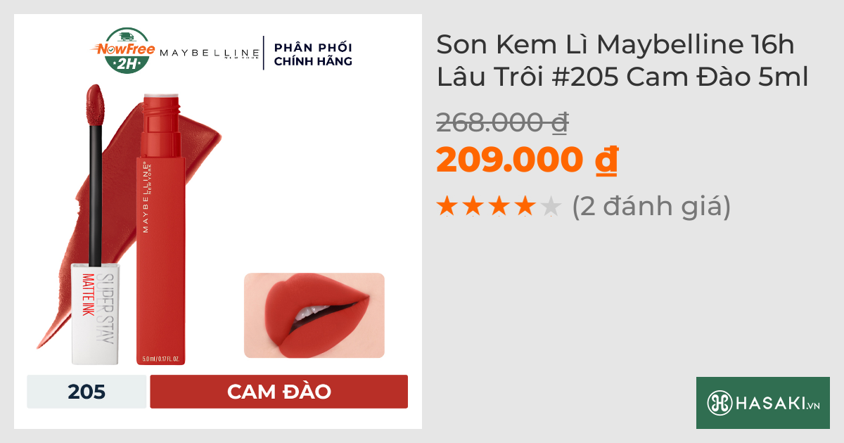 Son Kem Lì Maybelline 16h Lâu Trôi #205 Cam Đào 5ml