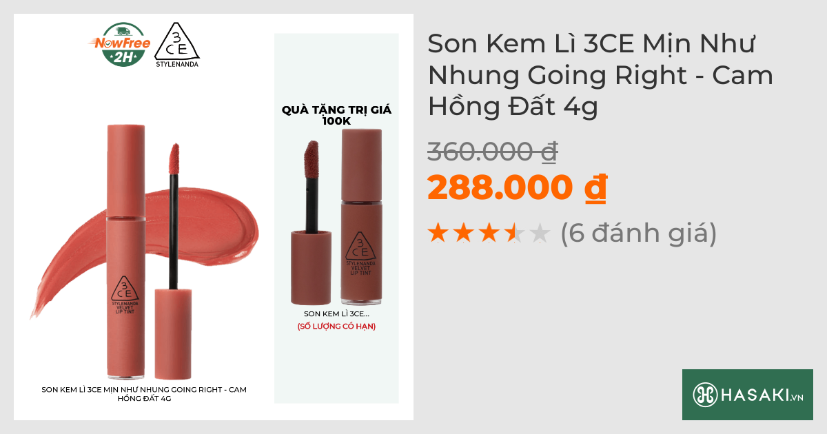 Son Kem Lì 3CE Mịn Như Nhung Going Right - Cam Hồng Đất 4g