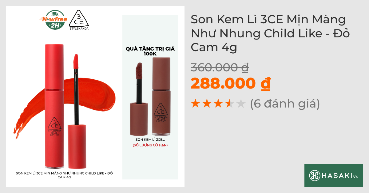 Son Kem Lì 3CE Mịn Màng Như Nhung Child Like - Đỏ Cam 4g