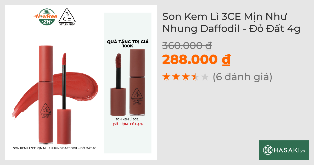 Son Kem Lì 3CE Mịn Như Nhung Daffodil - Đỏ Đất 4g