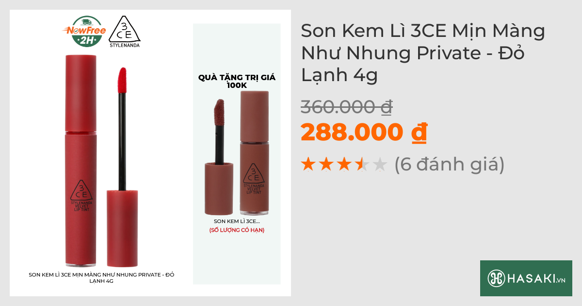 Son Kem Lì 3CE Mịn Màng Như Nhung Private - Đỏ Lạnh 4g