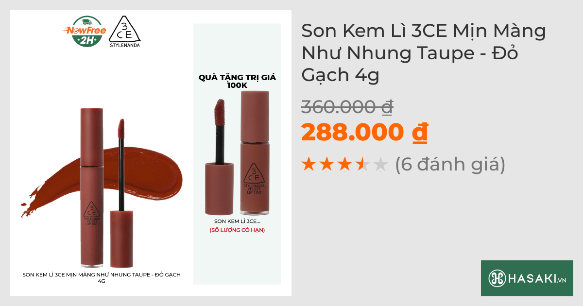 Son Kem Lì 3CE Mịn Màng Như Nhung Taupe - Đỏ Gạch 4g