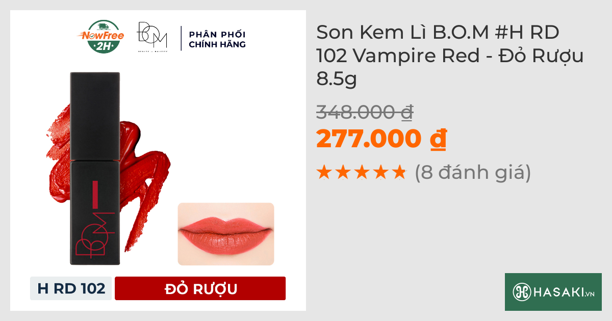 Son Kem Lì B.O.M #H RD 102 Vampire Red - Đỏ Rượu 8.5g