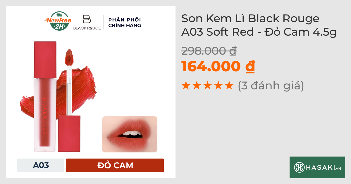 Son Kem Lì Black Rouge A03 Soft Red - Đỏ Cam 4.5g