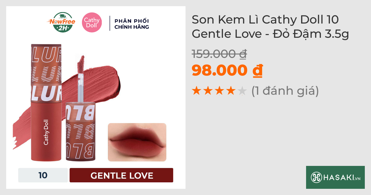 Son Kem Lì Cathy Doll 10 Gentle Love - Đỏ Đậm 3.5g