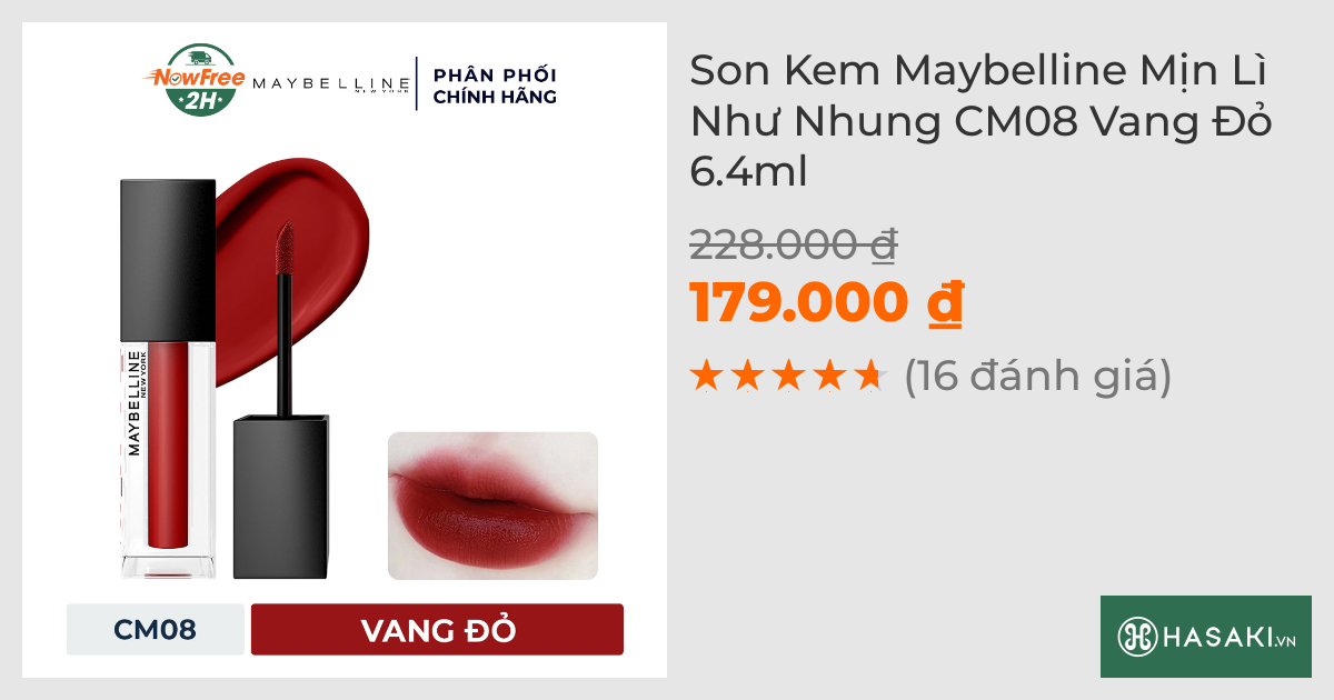 Son Kem Maybelline Mịn Lì Như Nhung CM08 Vang Đỏ 6.4ml