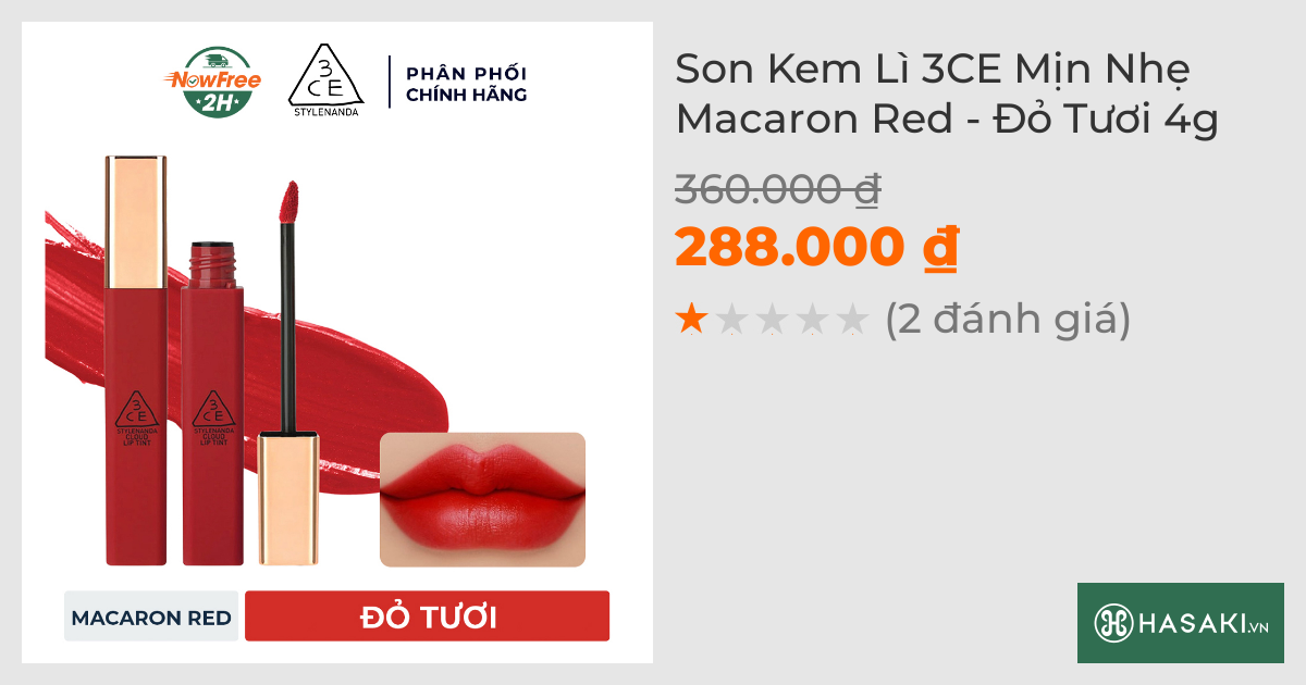 Son Kem Lì 3CE Mịn Nhẹ Macaron Red - Đỏ Tươi 4g