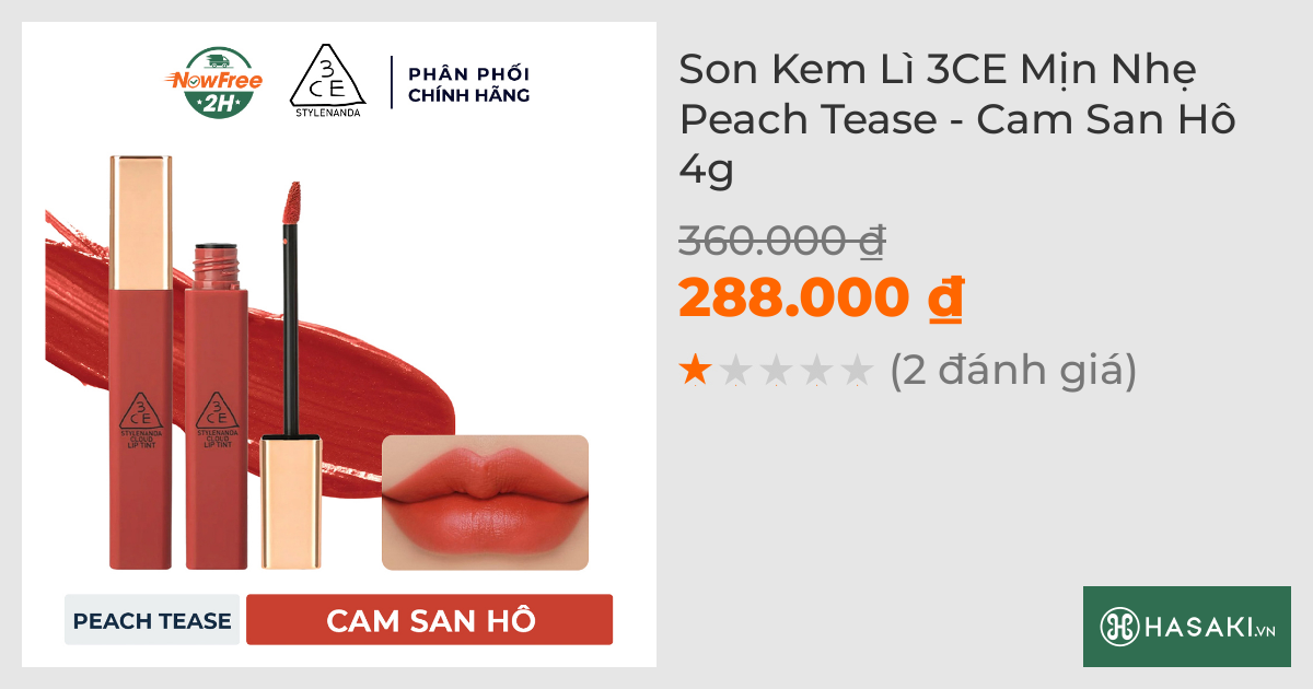 Son Kem Lì 3CE Mịn Nhẹ Peach Tease - Cam San Hô 4g