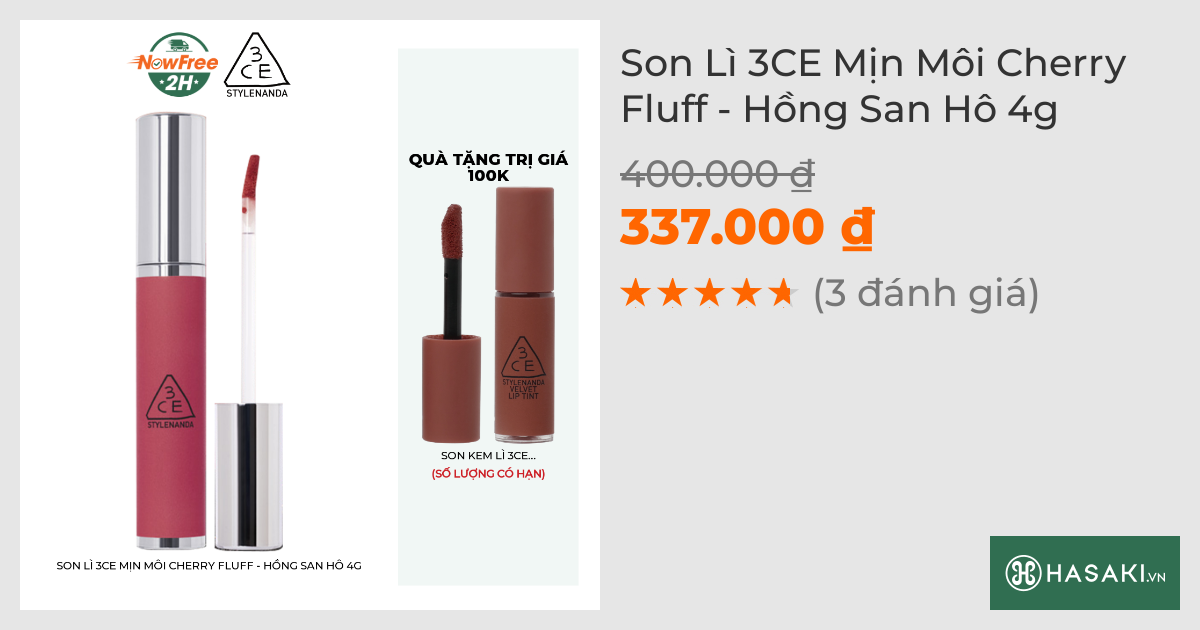 Son Lì 3CE Mịn Môi Cherry Fluff - Hồng San Hô 4g