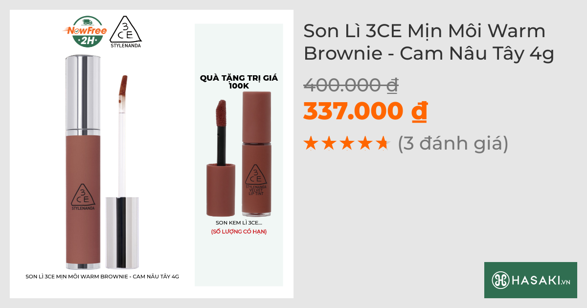 Son Lì 3CE Mịn Môi Warm Brownie - Cam Nâu Tây 4g