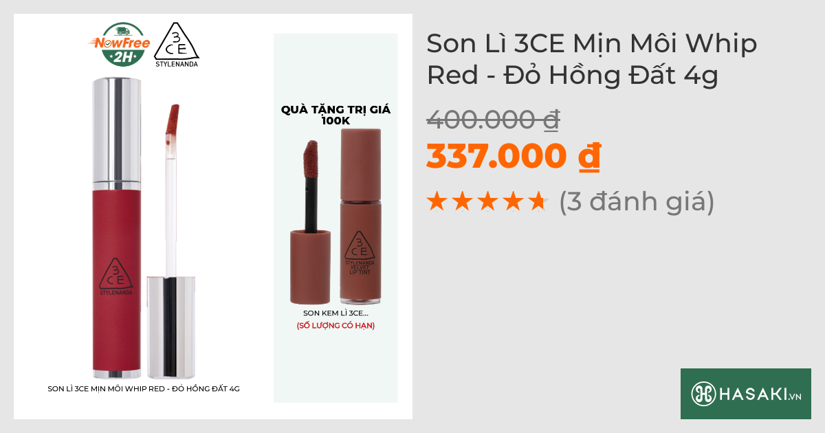 Son Lì 3CE Mịn Môi Whip Red - Đỏ Hồng Đất 4g