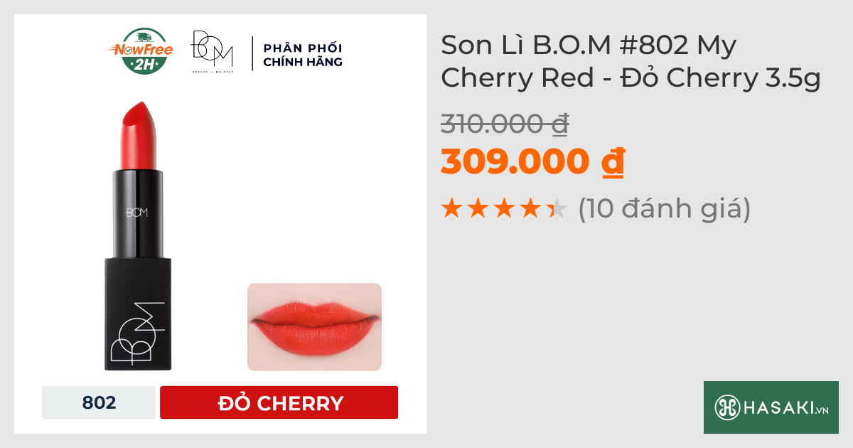 Son Lì B.O.M #802 My Cherry Red - Đỏ Cherry 3.5g