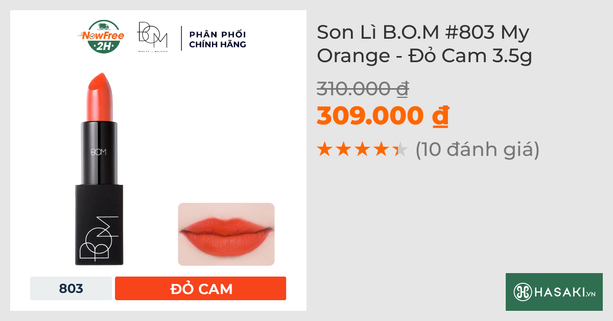 Son Lì B.O.M #803 My Orange - Đỏ Cam 3.5g