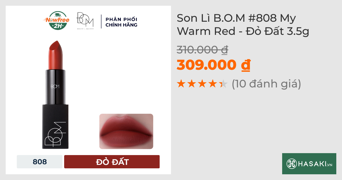 Son Lì B.O.M #808 My Warm Red - Đỏ Đất 3.5g