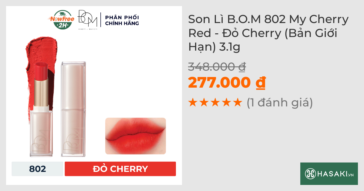 Son Lì B.O.M 802 My Cherry Red - Đỏ Cherry (Bản Giới Hạn) 3.1g