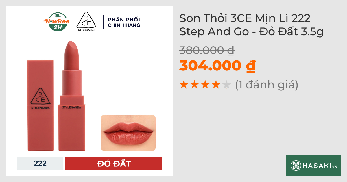 Son Thỏi 3CE Mịn Lì 222 Step And Go - Đỏ Đất 3.5g