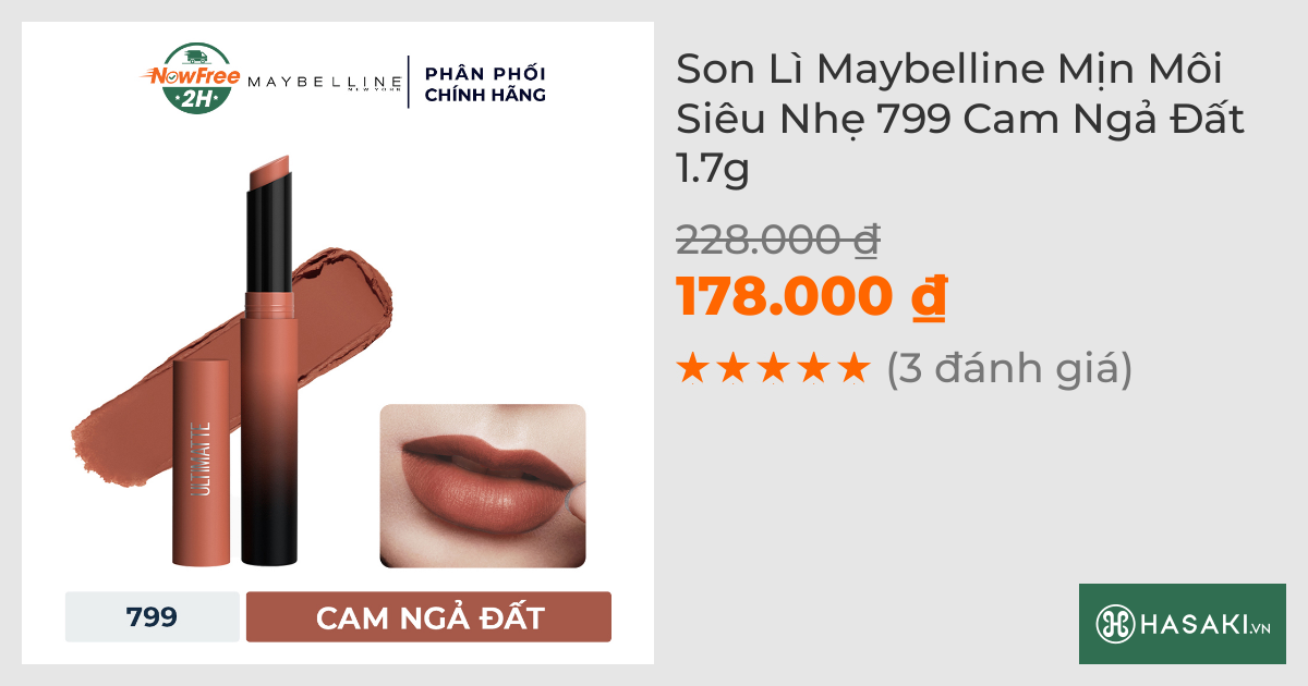 Son Lì Maybelline Mịn Môi Siêu Nhẹ 799 Cam Ngả Đất 1.7g