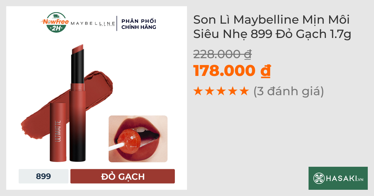 Son Lì Maybelline Mịn Môi Siêu Nhẹ 899 Đỏ Gạch 1.7g