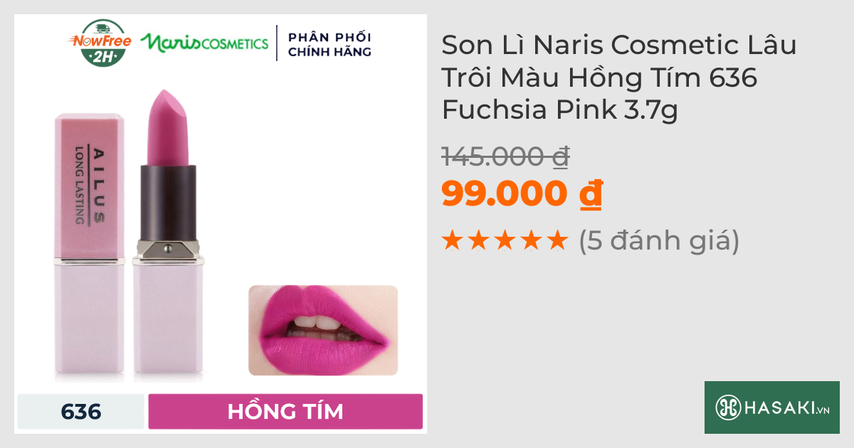 Son Lì Naris Cosmetic Lâu Trôi Màu Hồng Tím 636 Fuchsia Pink 3.7g