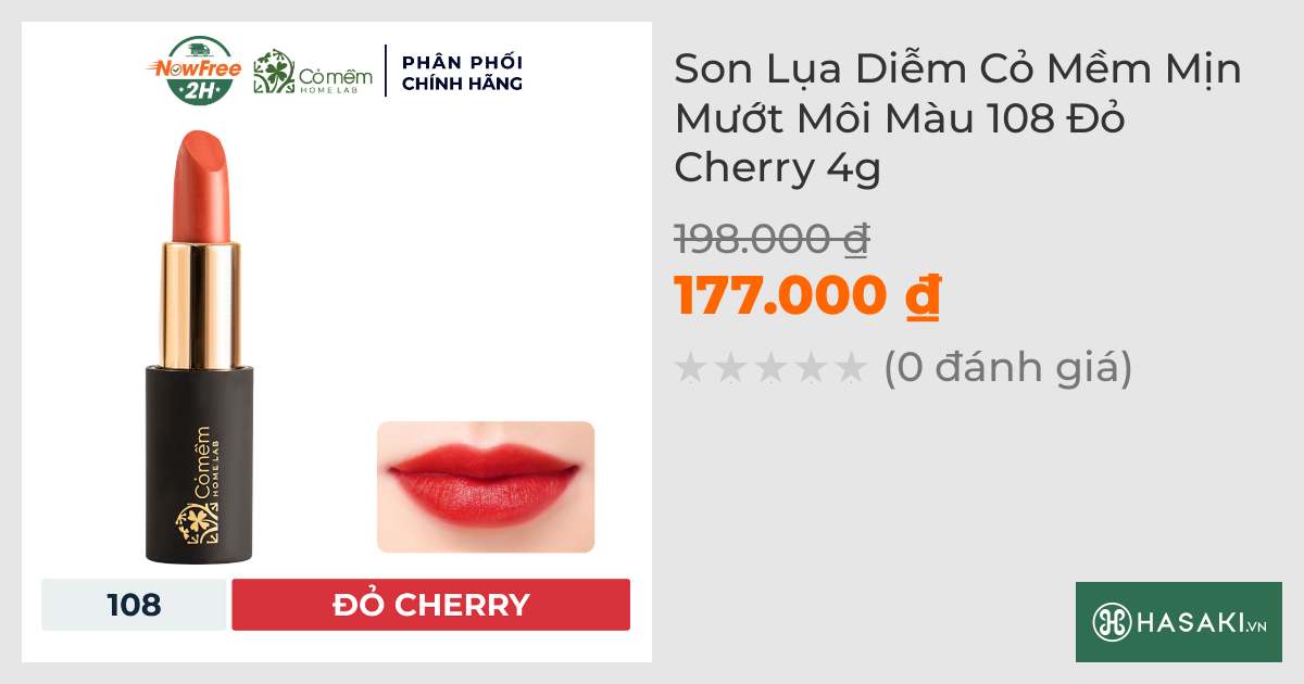 Son Lụa Diễm Cỏ Mềm Mịn Mướt Môi Màu 108 Đỏ Cherry 4g