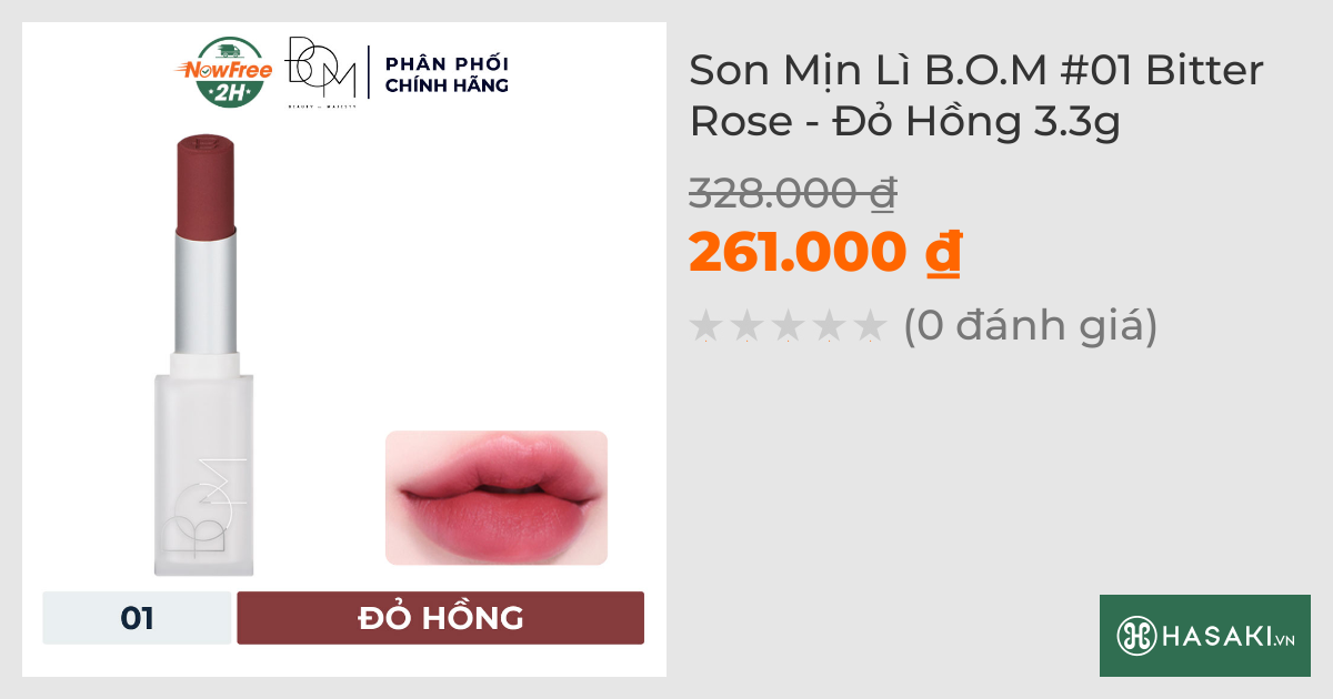 Son Mịn Lì B.O.M #01 Bitter Rose - Đỏ Hồng 3.3g