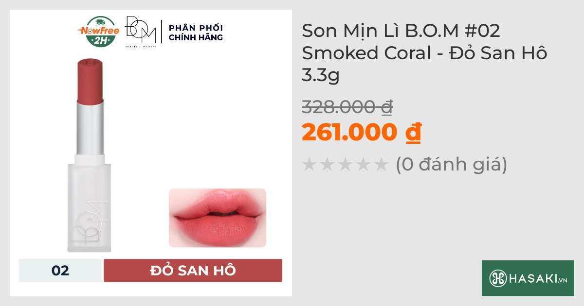 Son Mịn Lì B.O.M #02 Smoked Coral - Đỏ San Hô 3.3g