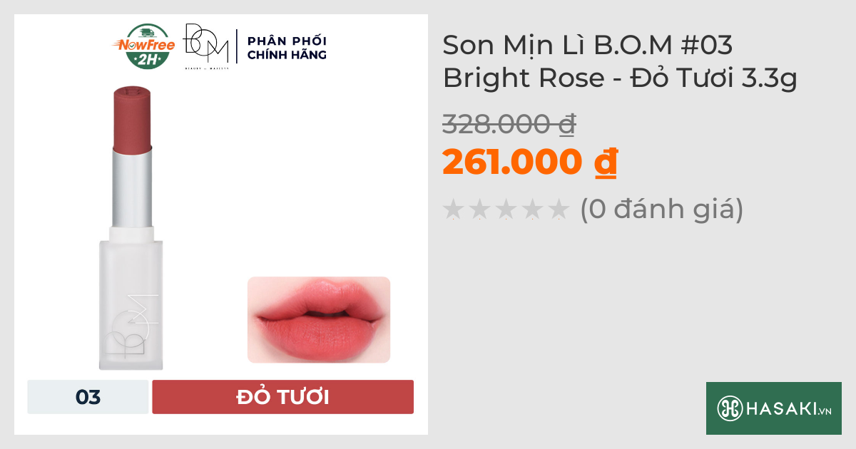 Son Mịn Lì B.O.M #03 Bright Rose - Đỏ Tươi 3.3g