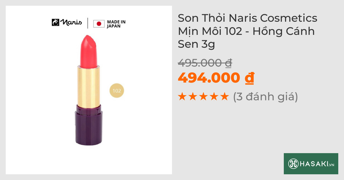 Son Thỏi Naris Cosmetics Mịn Môi 102 - Hồng Cánh Sen 3g