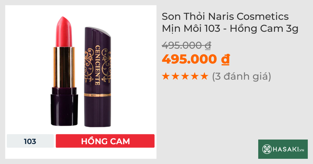 Son Thỏi Naris Cosmetics Mịn Môi 103 - Hồng Cam 3g