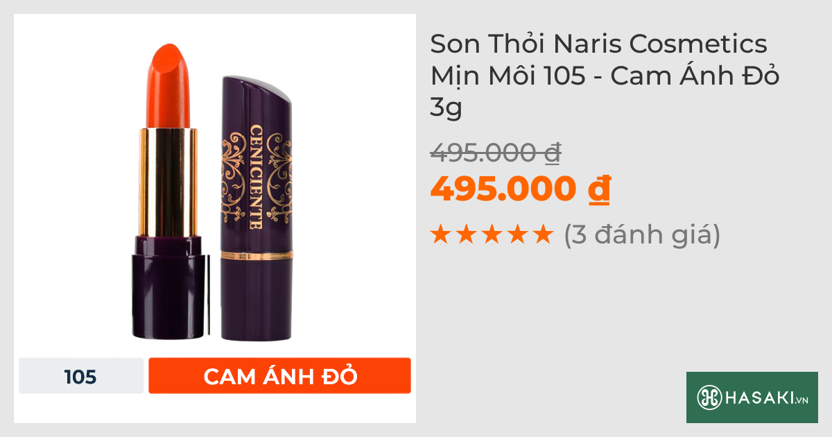 Son Thỏi Naris Cosmetics Mịn Môi 105 - Cam Ánh Đỏ 3g