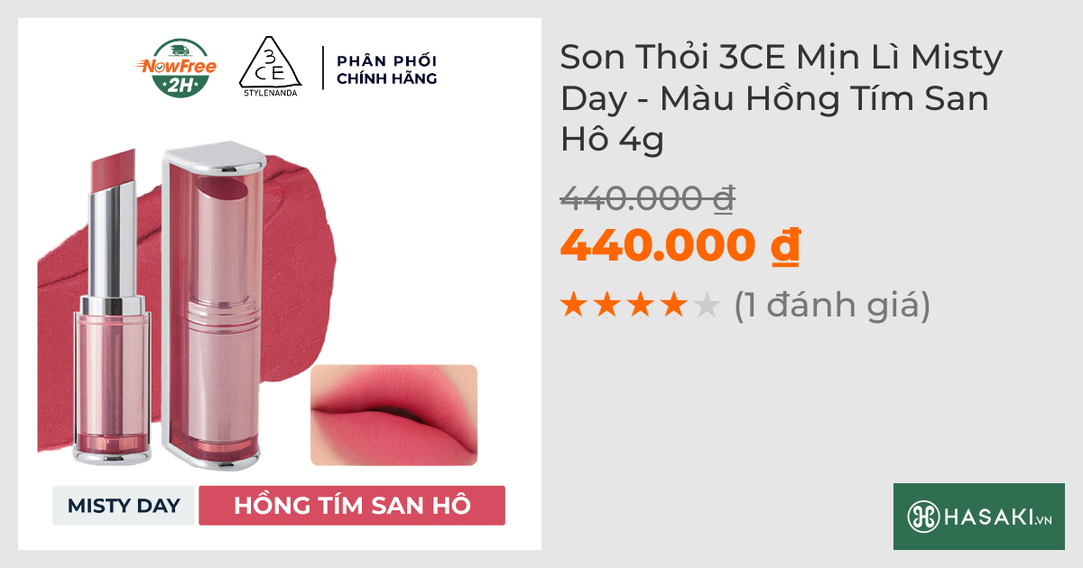 Son Thỏi 3CE Mịn Lì Misty Day - Màu Hồng Tím San Hô 4g