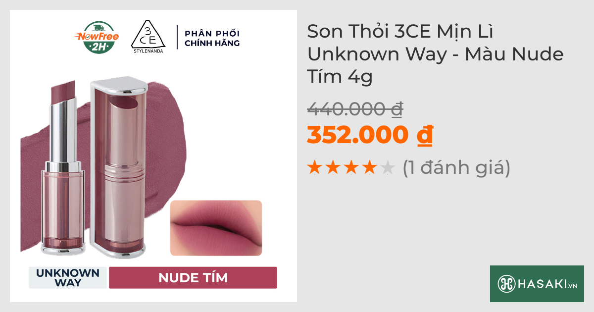 Son Thỏi 3CE Mịn Lì Unknown Way - Màu Nude Tím 4g