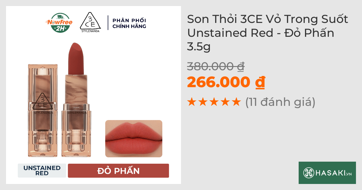 Son Thỏi 3CE Vỏ Trong Suốt Unstained Red - Đỏ Phấn 3.5g