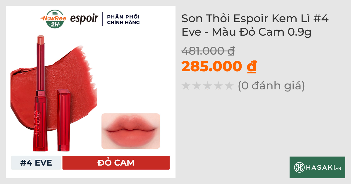 Son Thỏi Espoir Kem Lì #4 Eve - Màu Đỏ Cam 0.9g