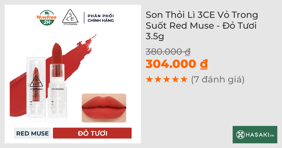 Son Thỏi Lì 3CE Vỏ Trong Suốt Red Muse - Đỏ Tươi 3.5g