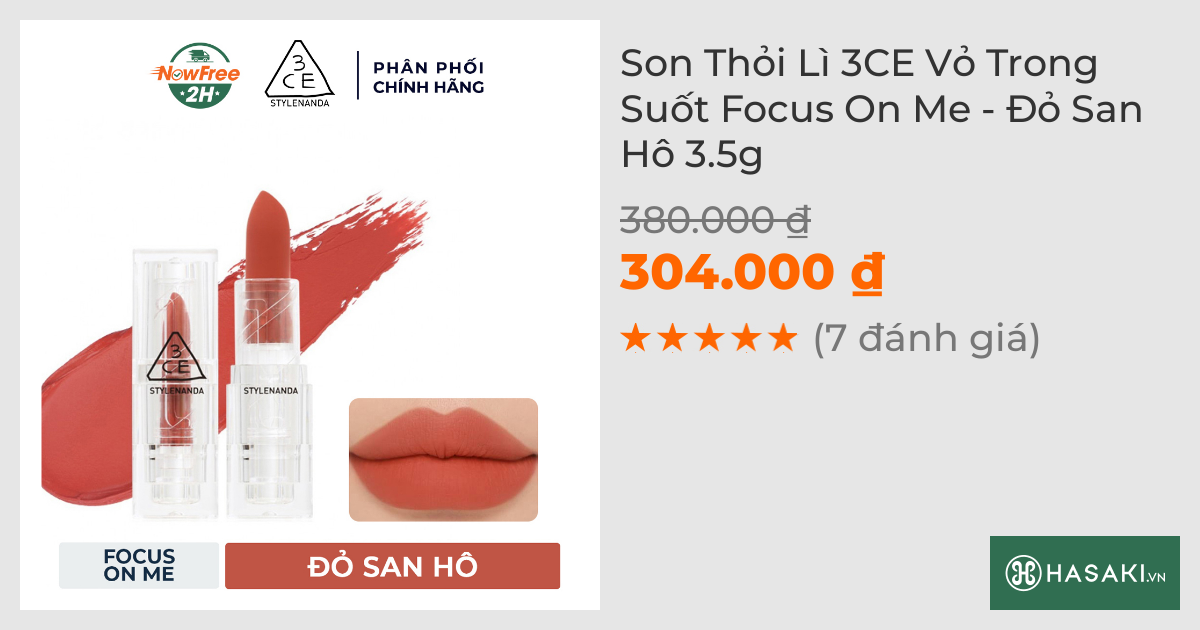 Son Thỏi Lì 3CE Vỏ Trong Suốt Focus On Me - Đỏ San Hô 3.5g