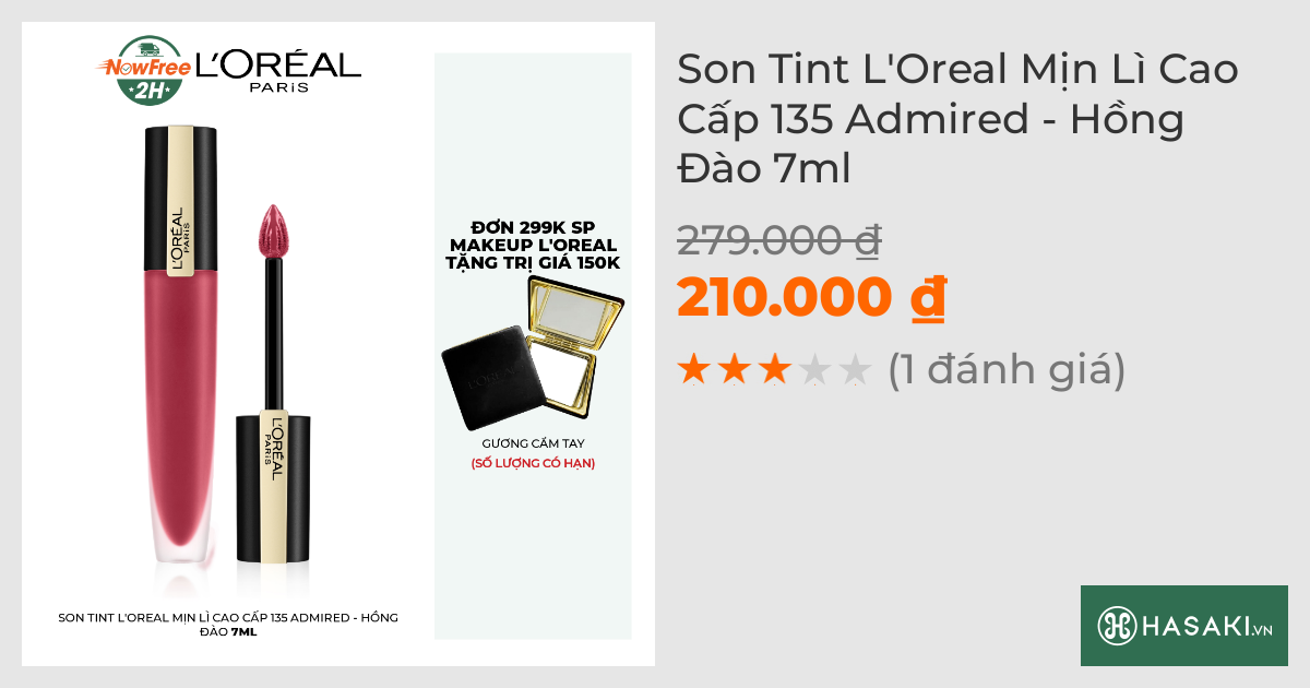 Son Tint L'Oreal Mịn Lì Cao Cấp 135 Admired - Hồng Đào 7ml