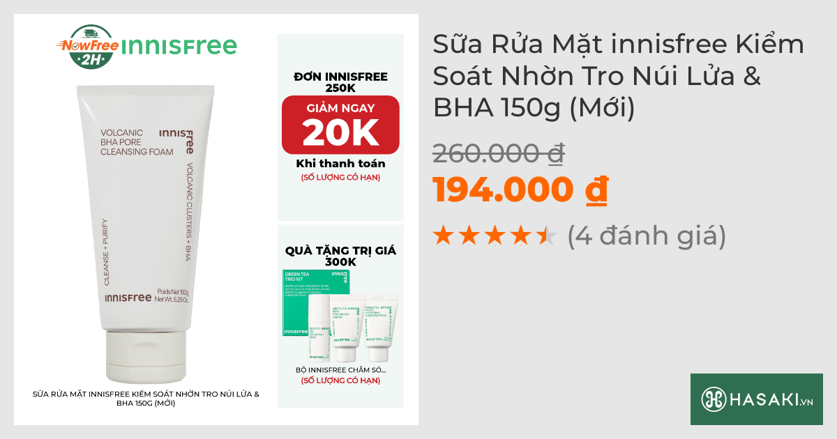 Sữa Rửa Mặt innisfree Kiểm Soát Nhờn Tro Núi Lửa & BHA 150g (Mới)